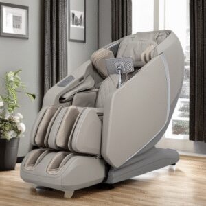 Beige massage chair in stylish interior.