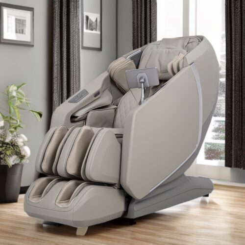 Modern beige massage chair in a cozy living room setting.