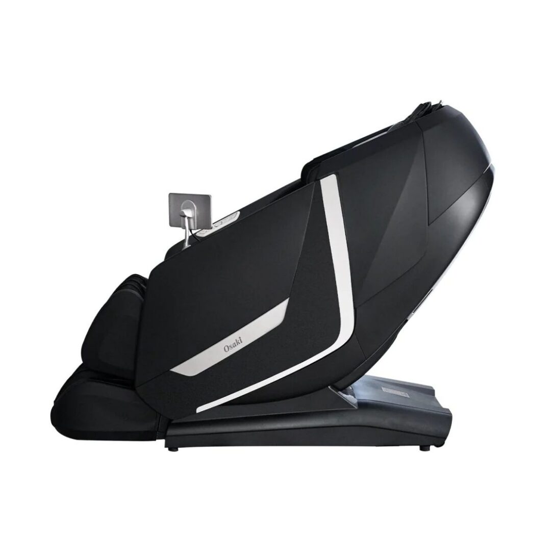 Sleek black massage chair with modern design and control panel.