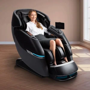 Woman relaxing in a modern black massage chair.