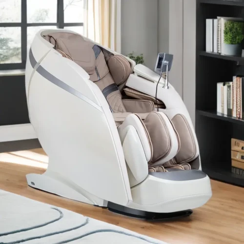Modern white and beige massage chair in a cozy living room corner.