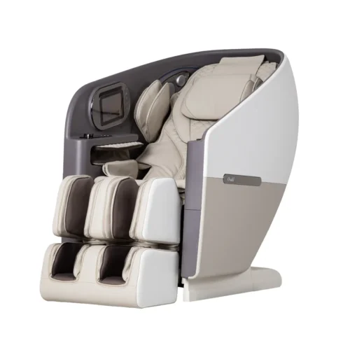 Modern luxury massage chair with multiple features and footrests.