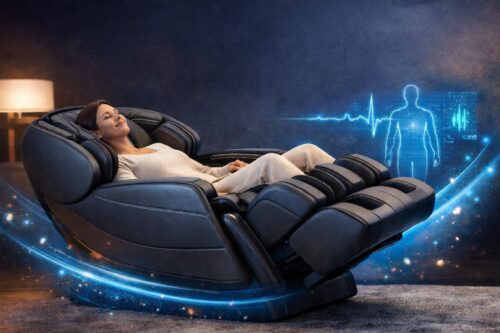 Woman relaxing in a high-tech massage chair.