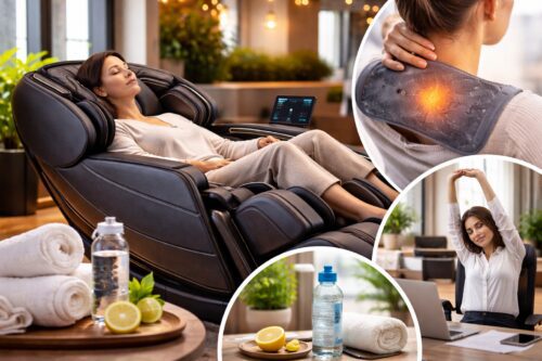 Woman enjoying a massage chair in a serene environment.