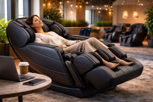 Woman enjoying a massage in a modern chair.