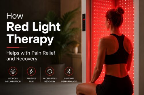 "Person using red light therapy for recovery."