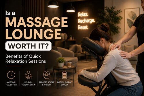 Woman receiving a massage in a lounge setting.
