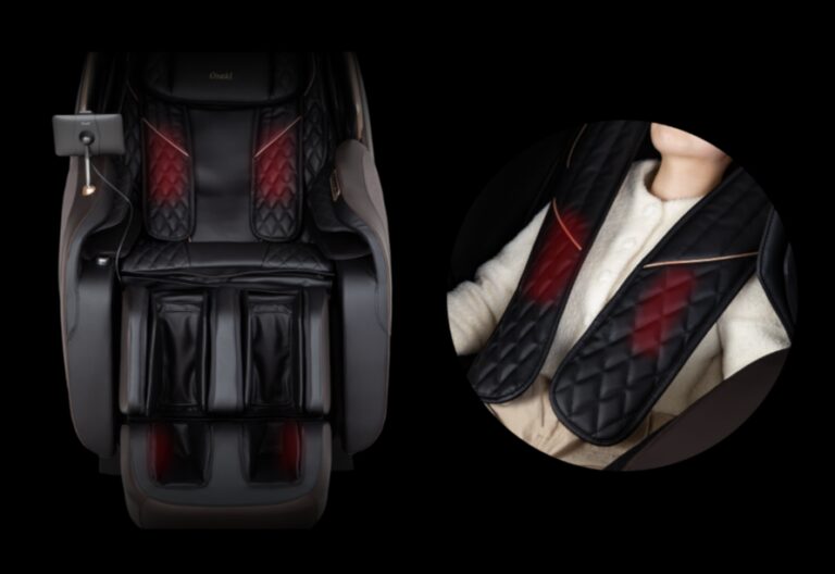 Sleek massage chair with heated shoulder pads.