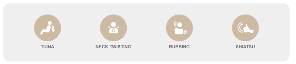 Massage techniques icons: Tuina, Neck Twisting, Rubbing, Shiatsu.